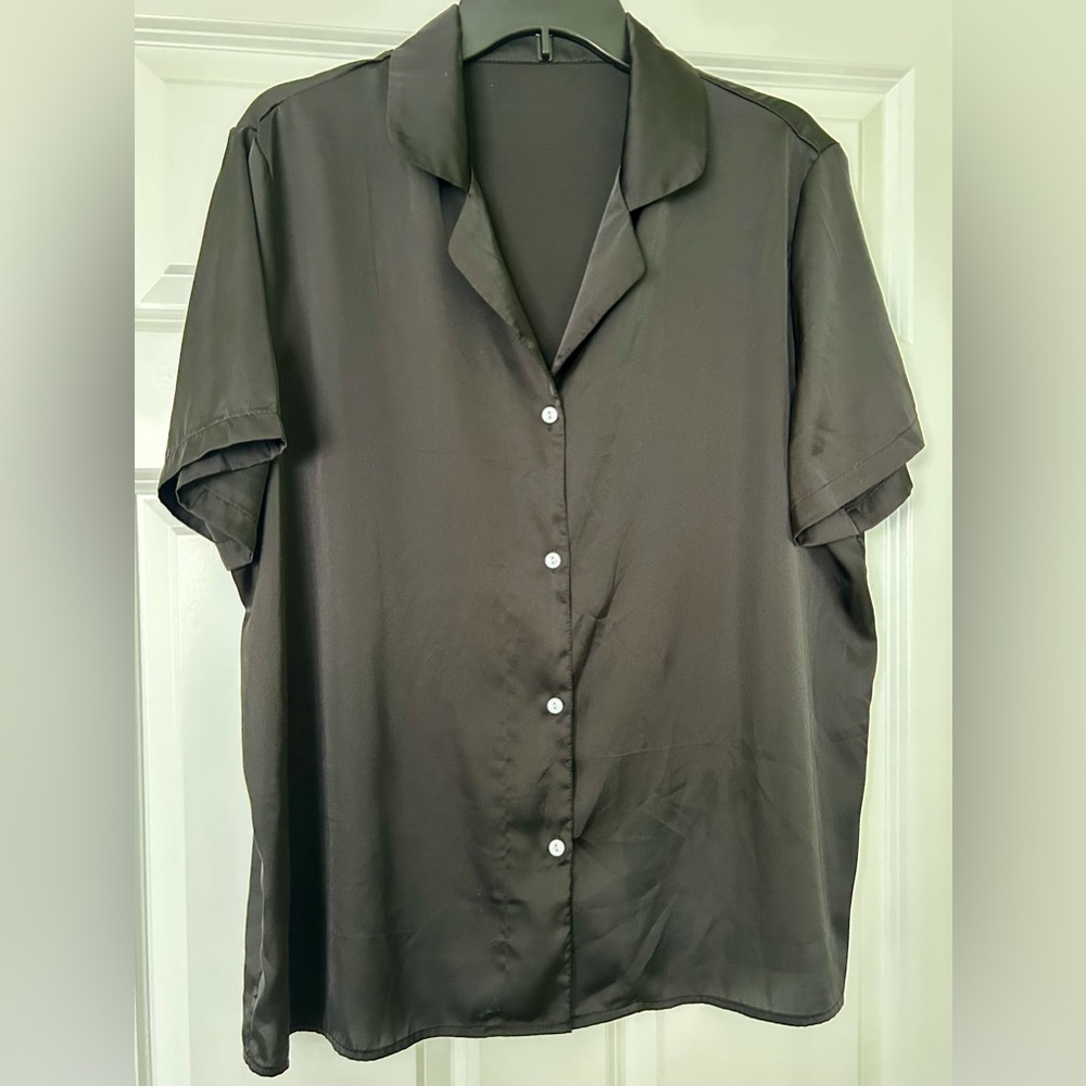 Women's Black Satin Ruffle Shorts Set - Classic Lounge Top & Shorts - Picture 2 of 9